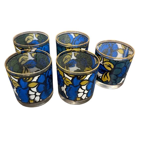 Vintage 1960s CCC Hazel Atlas Blue Yellow Floral Faux Stained Glass Set of 5 - Picture 15 of 16